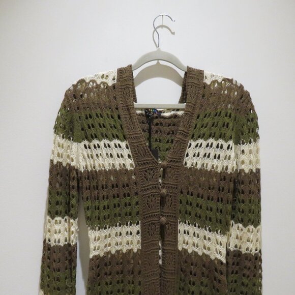 DOLLS KILL DELIA'S Striped Stunner Crochet Knit Cardigan Khaki Punk Goth NWT - Picture 4 of 15